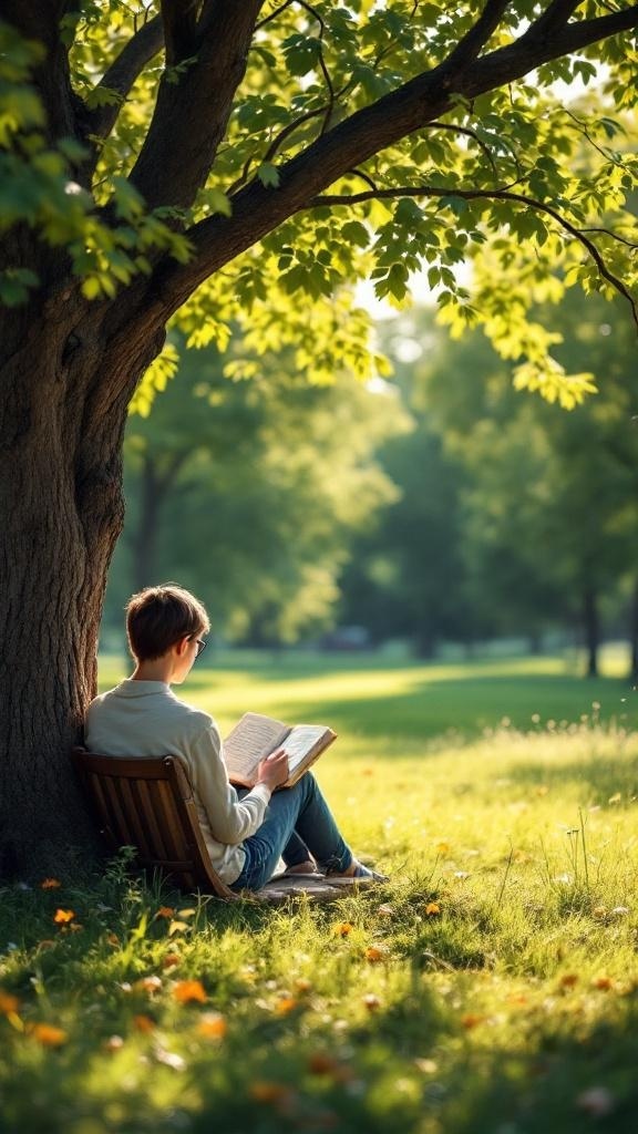 A person reading a book under a tree, surrounded by nature.