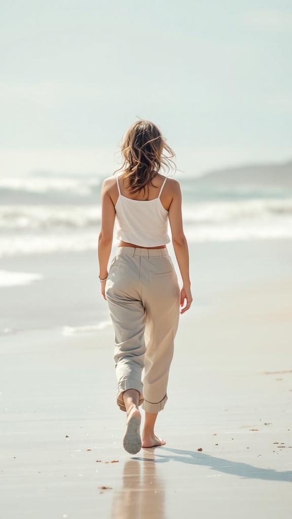 A woman walking on the beach in linen pants and a cropped tank top