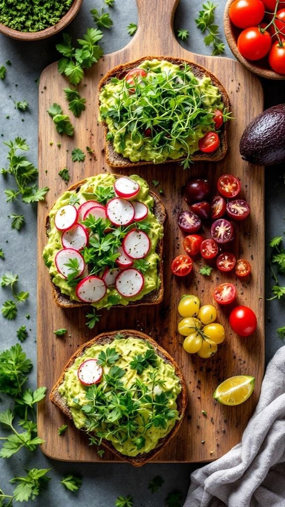 Three variations of avocado toast topped with radishes, tomatoes, and herbs on a wooden board.