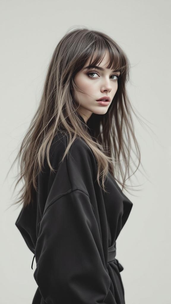 A woman with long curtain bangs and flowing hair, showcasing a stylish look.