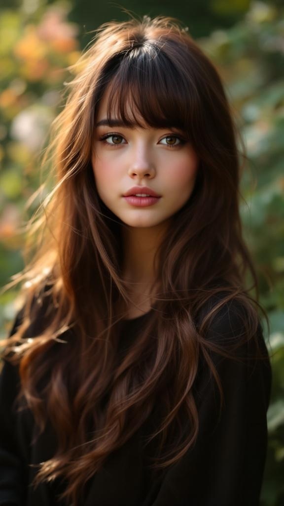 Model with long layered hair and curtain bangs, showcasing a soft and trendy hairstyle.