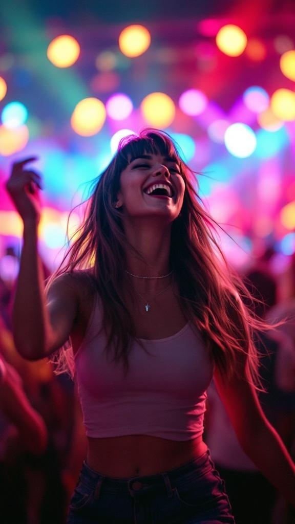 A woman dancing joyfully with long layered shag hairstyle in a colorful setting