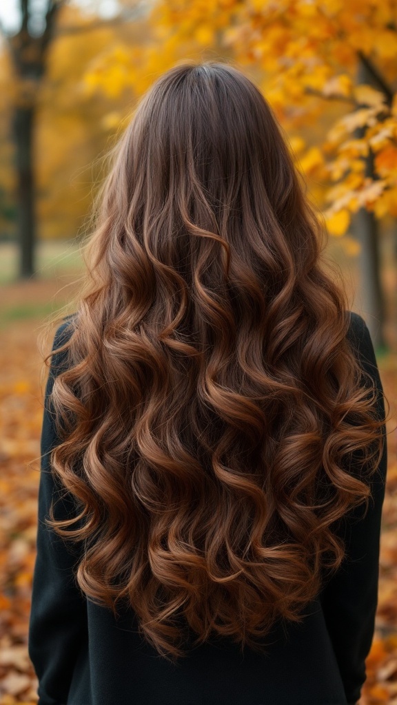 Long layered hairstyle with curled ends, viewed from the back against a backdrop of autumn leaves.