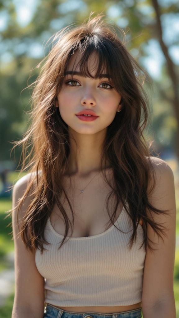 A woman with long side-swept bangs, styled casually, showcasing a soft and elegant look.