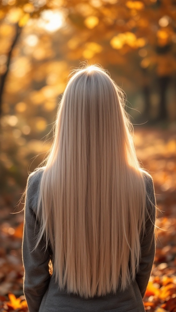 A person with long straight hair standing in a fall setting, surrounded by autumn leaves.