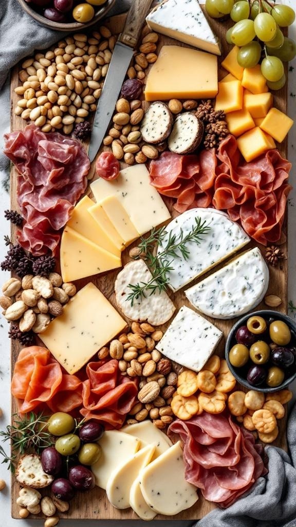 A beautifully arranged low-carb keto-friendly charcuterie board featuring cheeses, cured meats, nuts, olives, and cherry tomatoes.
