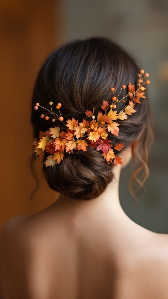 A low chignon hairstyle adorned with colorful autumn flowers.