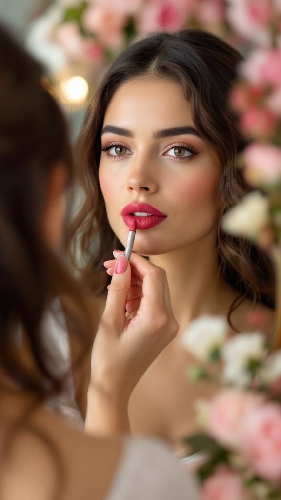 A woman applying lip color in front of a mirror, surrounded by flowers.