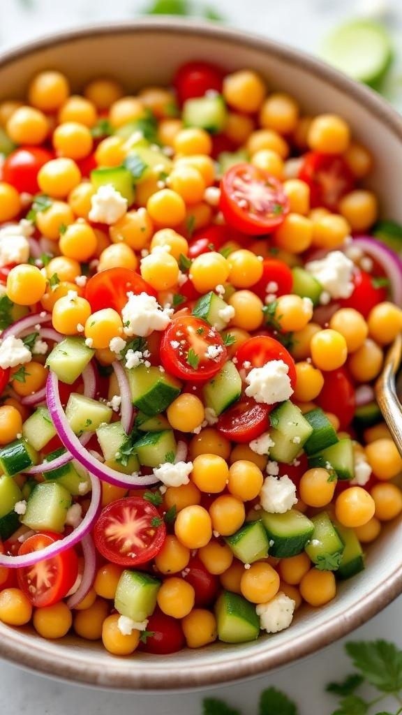 A vibrant Mediterranean Chickpea Salad with chickpeas, cherry tomatoes, cucumber, red onion, and feta cheese.