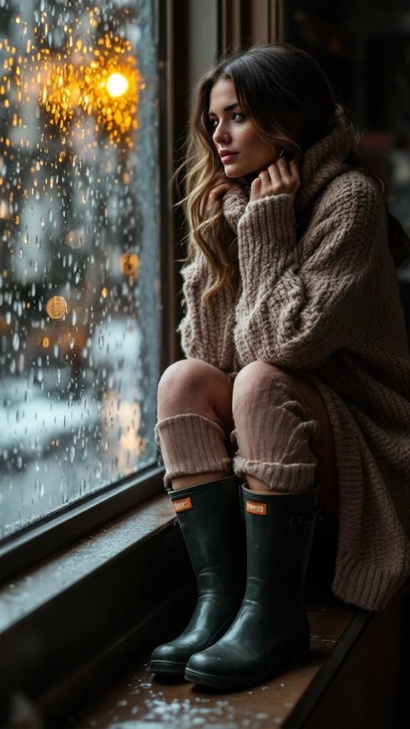 A woman sitting by a window wearing a cozy cashmere sweater and green wellies, looking out at the rain.