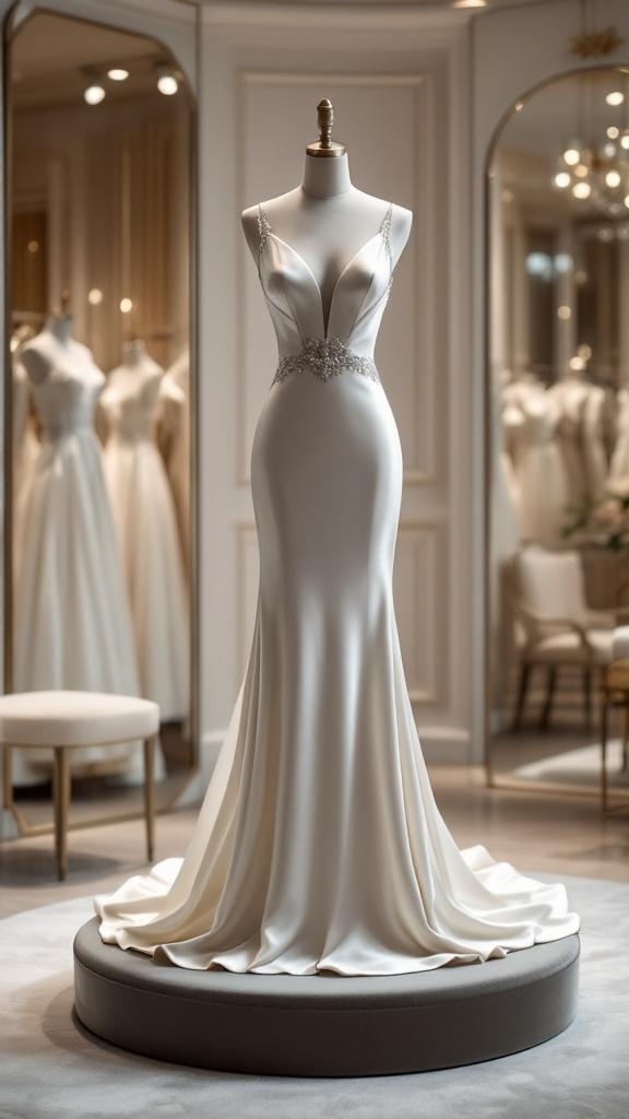 Luxurious satin fit-and-flare wedding dress displayed elegantly on a mannequin.