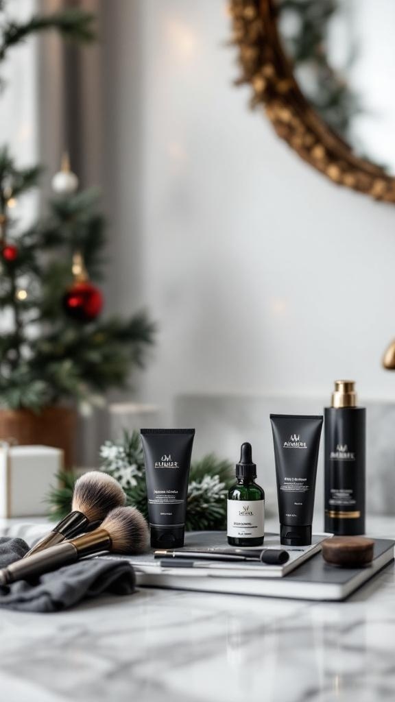 Luxury shaving kit with grooming products arranged on a marble surface