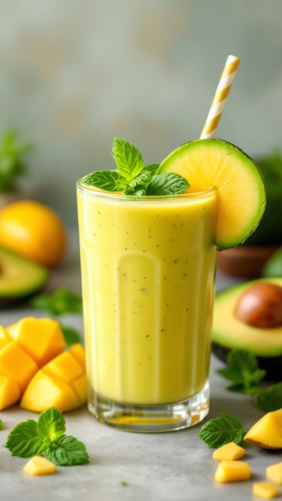 A refreshing mango avocado smoothie garnished with mint leaves.