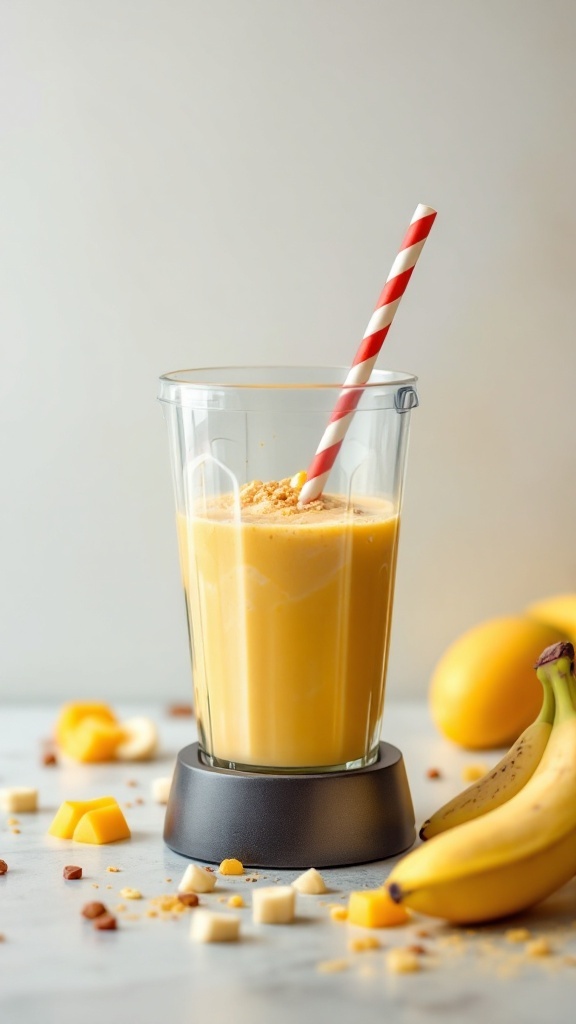 Mango Banana Protein Shake in a glass with a striped straw