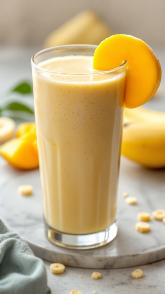 A refreshing mango banana protein smoothie in a glass, garnished with a slice of mango.