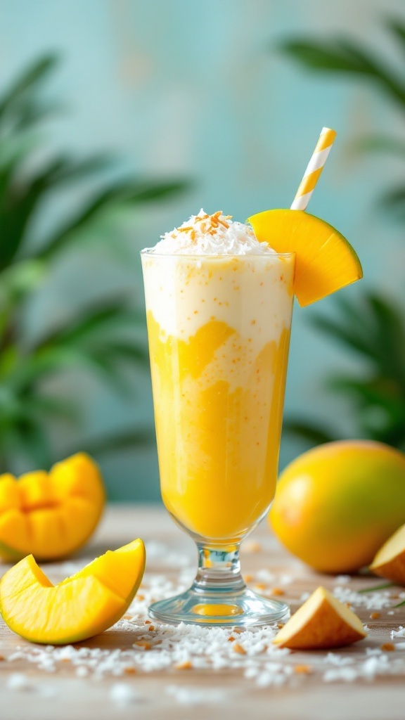 A refreshing mango coconut smoothie served in a tall glass with a straw.