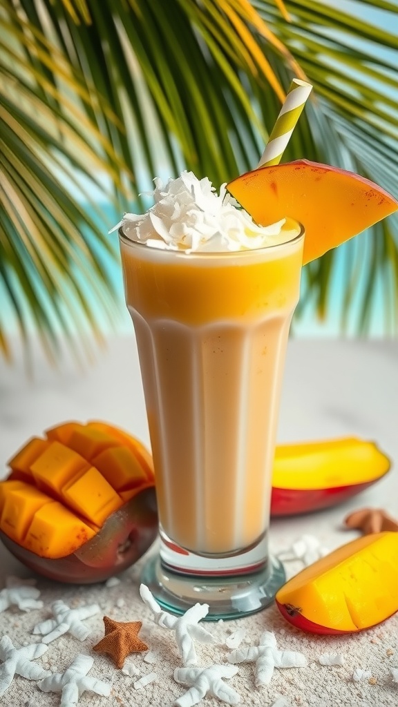 A delicious mango coconut smoothie in a tall glass, topped with whipped cream and a slice of mango.
