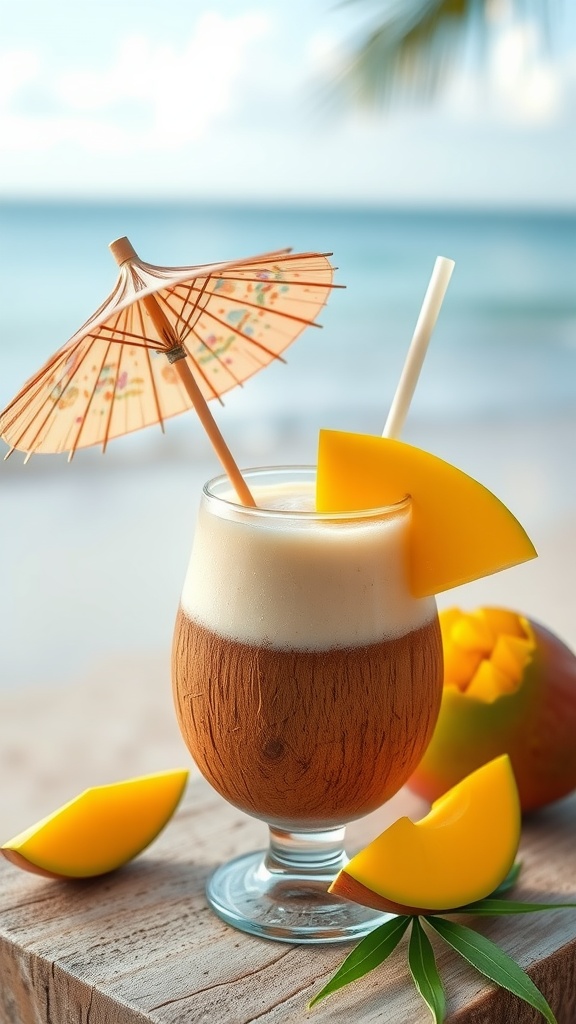 Mango Coconut Protein Smoothie in a coconut bowl with a pink umbrella.