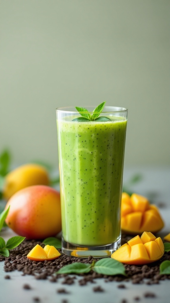 A refreshing mango and green tea smoothie in a tall glass with mint garnish.