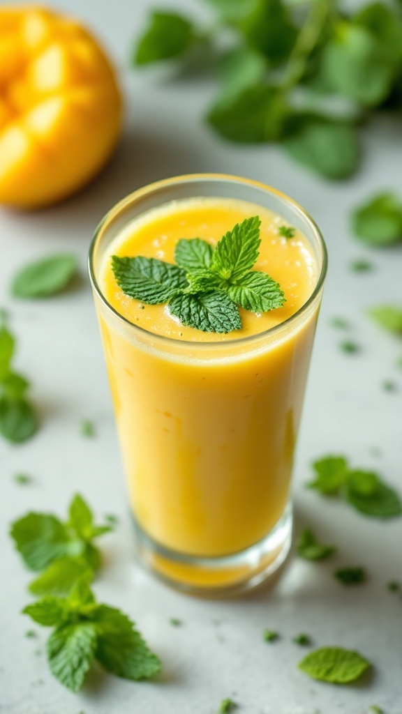 A refreshing mango mint smoothie in a glass garnished with mint leaves.