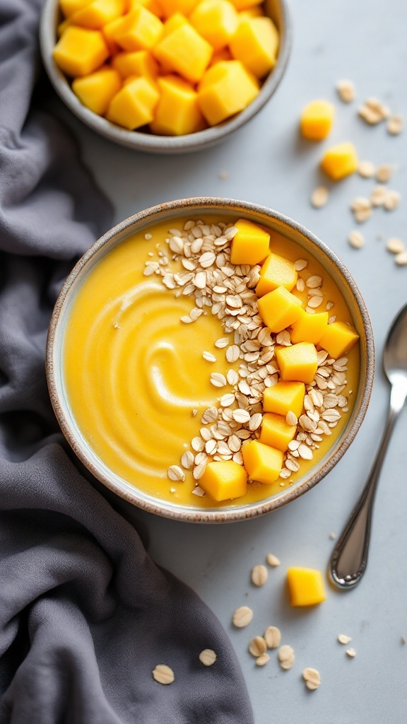 A creamy mango smoothie topped with oats and fresh mango pieces.