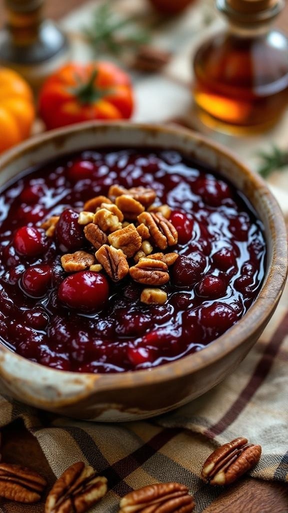 A bowl of Maple-Pecan Cranberry Sauce topped with pecans, surrounded by decorative elements.