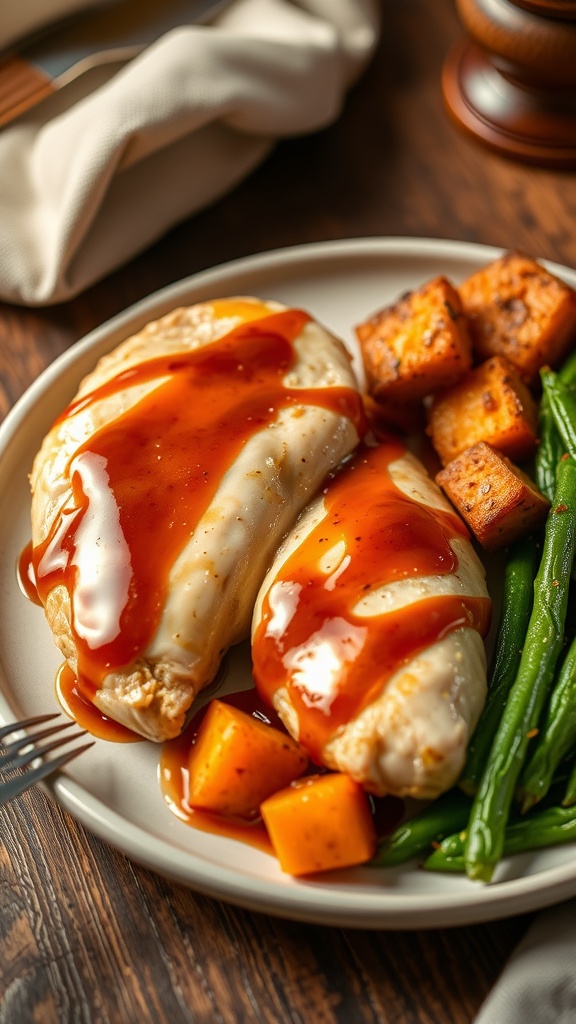 Maple glazed chicken breasts served with roasted potatoes and green beans on a plate.