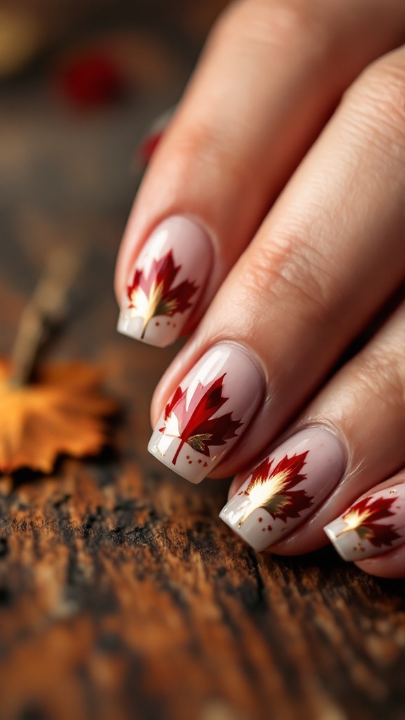 A close-up of a hand with maple leaf accent nails on a wooden background