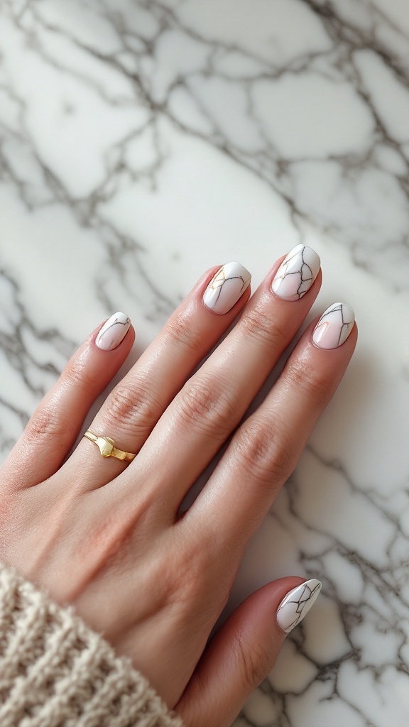 A hand with marble nail art featuring gold accents on a marble background