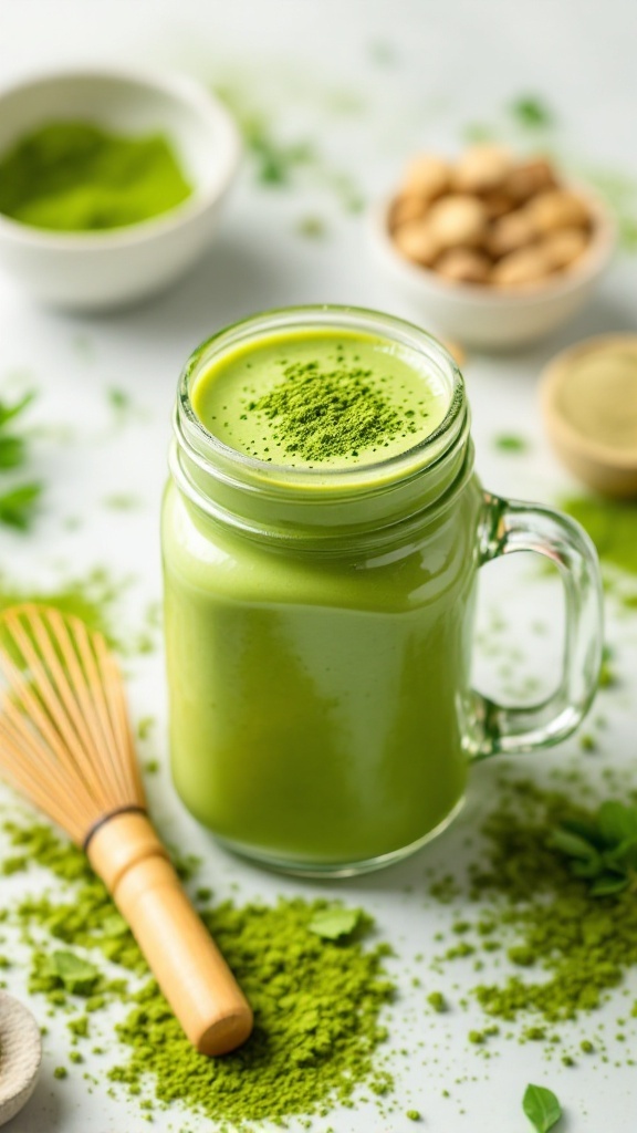 A refreshing green smoothie in a jar, showcasing a blend of matcha, almond milk, and other healthy ingredients.