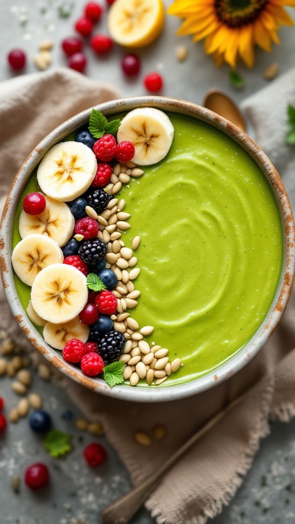 A vibrant Matcha Green Tea Energy Bowl topped with fresh fruits and seeds.