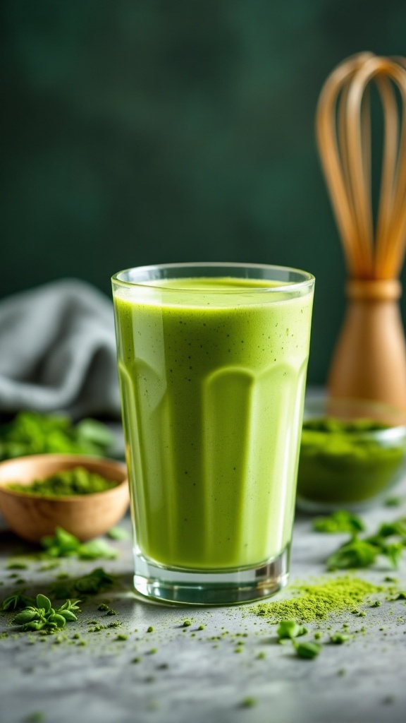 A vibrant green protein shake in a glass, surrounded by matcha powder and a whisk.