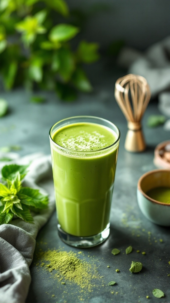 A refreshing matcha green tea smoothie in a glass with a frothy top