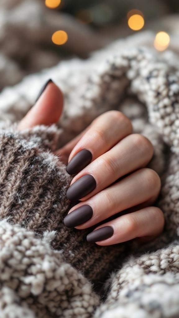 A close-up of matte brown nails resting on a cozy knitted sweater, with soft bokeh lights in the background.