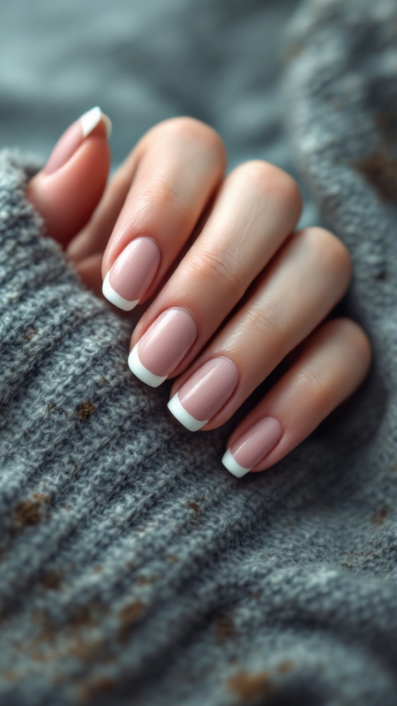 Matte finish French tip nails with a pinkish nude base and white tips resting on a cozy knitted sweater.