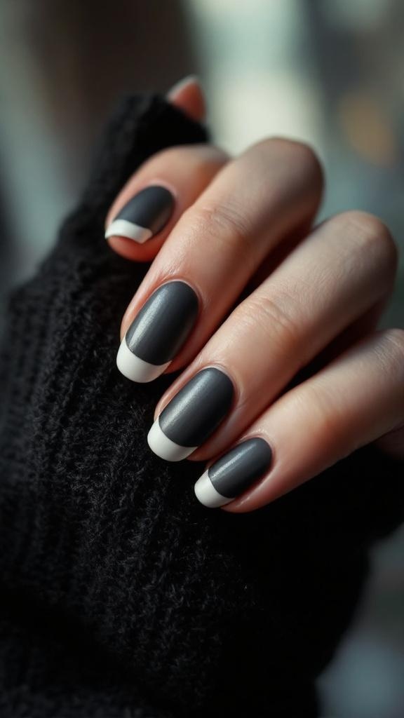 Nails with a matte black finish and glossy white tips, resting on a black knitted fabric.