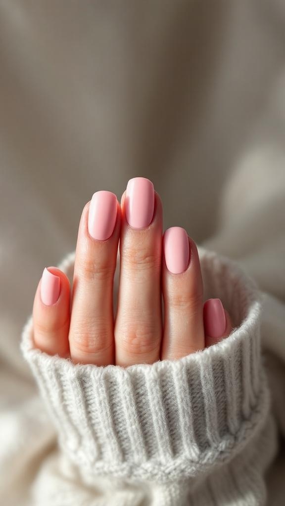 Close-up of hands with matte pink nails, wearing a cozy sweater.