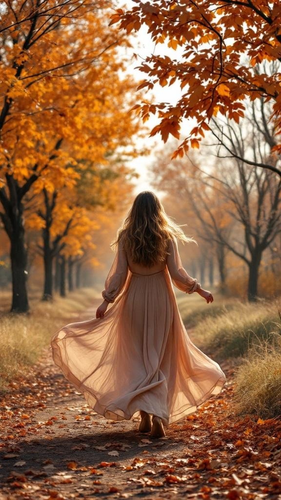 A woman in a long-sleeve maxi dress walking down an autumn path lined with orange leaves.