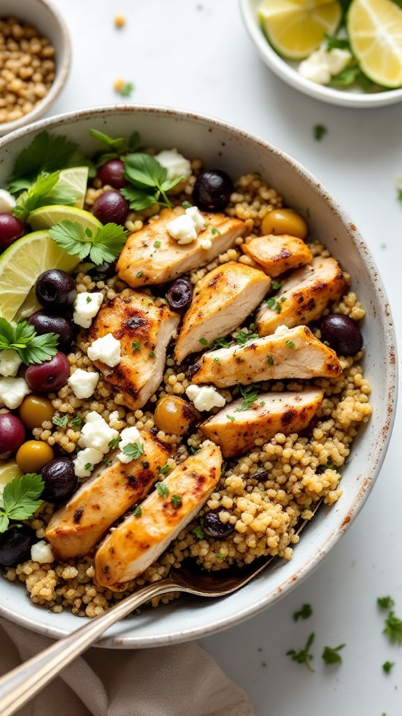 Mediterranean Chicken Bowl with Quinoa featuring grilled chicken, olives, and feta cheese.