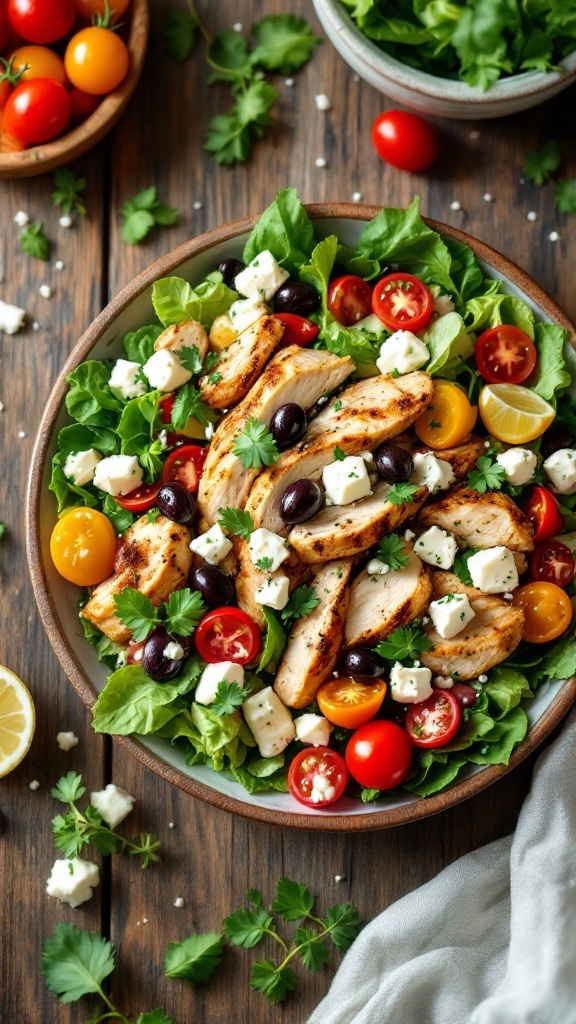 A bowl of Mediterranean Chicken Salad with grilled chicken, feta cheese, olives, and cherry tomatoes on a bed of greens.