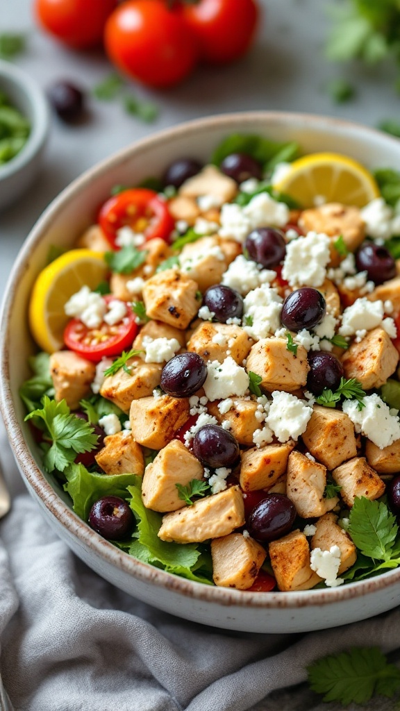 A colorful Mediterranean chicken salad with feta cheese and fresh vegetables.