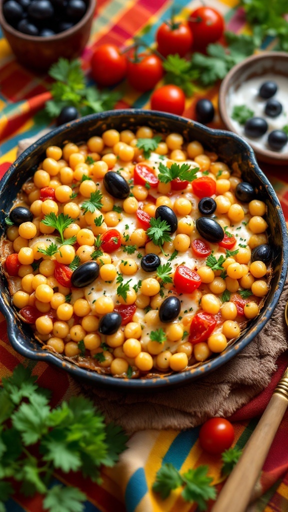 A vibrant Mediterranean Chickpea Casserole with chickpeas, black olives, cherry tomatoes, and herbs.