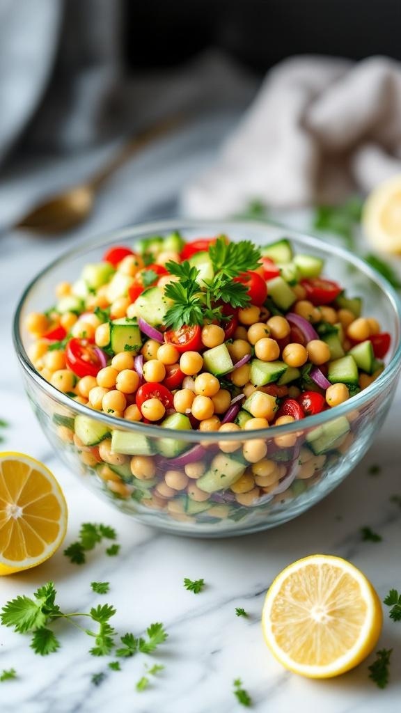 A vibrant Mediterranean Chickpea Cucumber Salad in a glass bowl, garnished with parsley and surrounded by lemon halves.