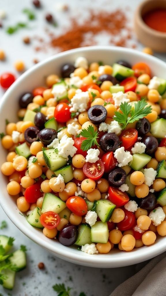A colorful Mediterranean Chickpea Salad with feta and olives in a bowl.