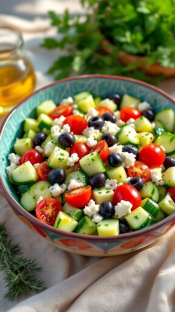 A colorful Mediterranean cucumber salad with feta and olives in a bowl.