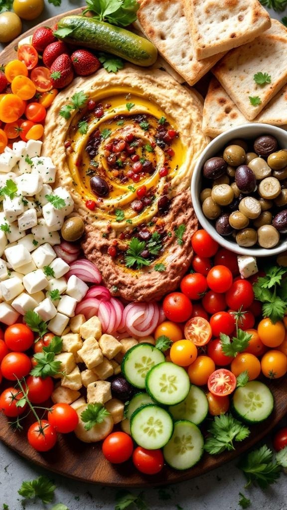 A colorful Mediterranean charcuterie board featuring hummus, baba ganoush, fresh vegetables, feta cheese, olives, and pita bread.