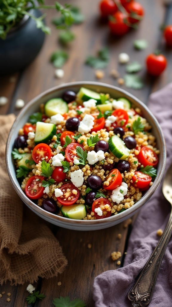 A colorful bowl of Mediterranean Quinoa Salad with fresh vegetables and feta cheese.
