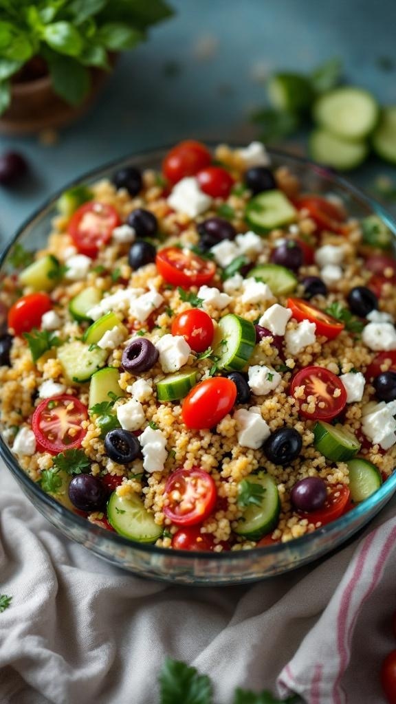 A colorful Mediterranean Quinoa Salad with cucumbers, tomatoes, olives, and feta.