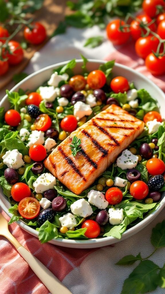 A vibrant Mediterranean salmon salad featuring grilled salmon, mixed greens, cherry tomatoes, olives, and feta cheese.