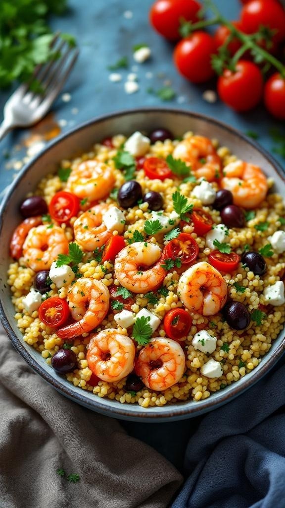 A bowl of Mediterranean shrimp and couscous with cherry tomatoes, olives, and feta cheese.